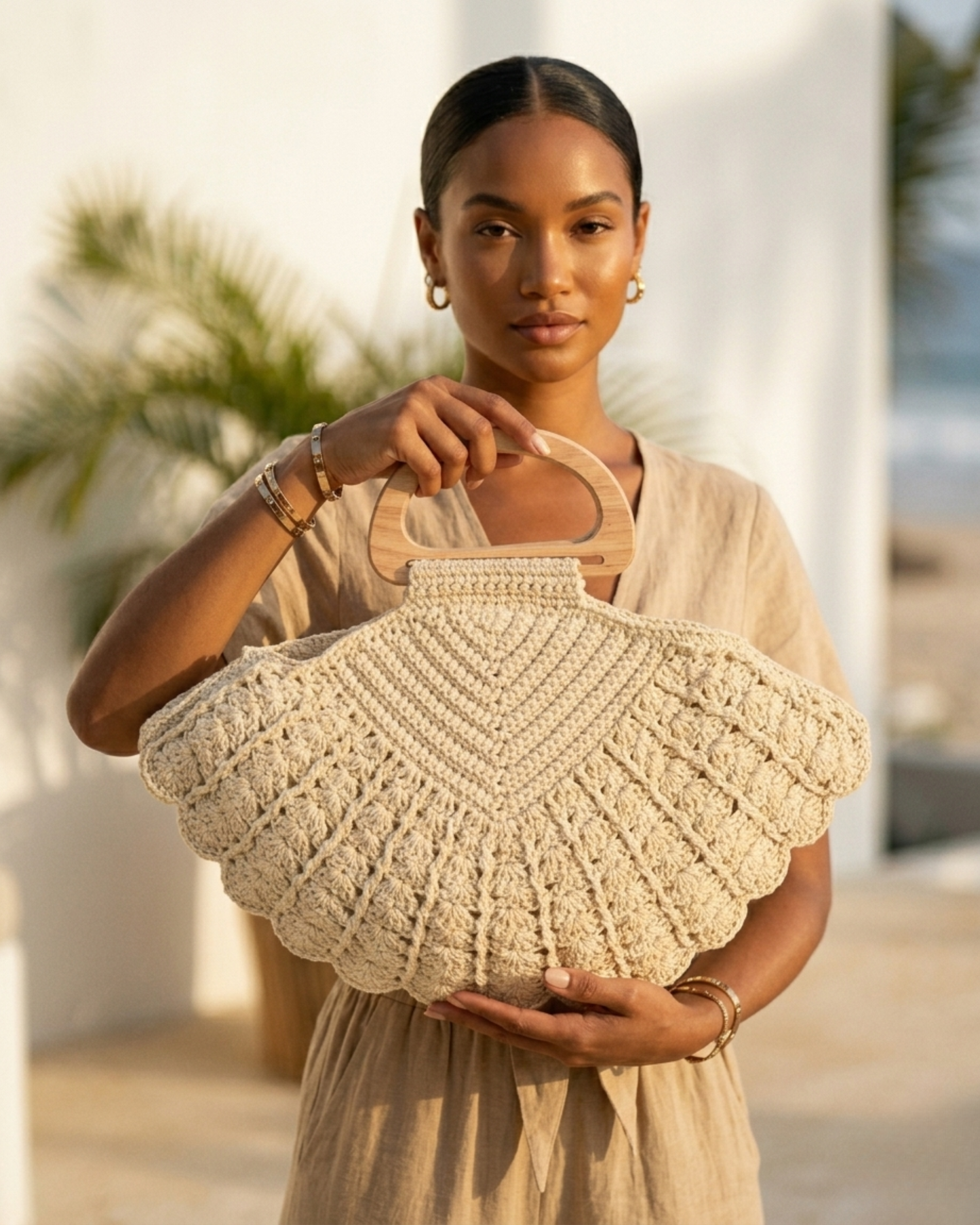 Sac Coquillage Crochet Anse Bois