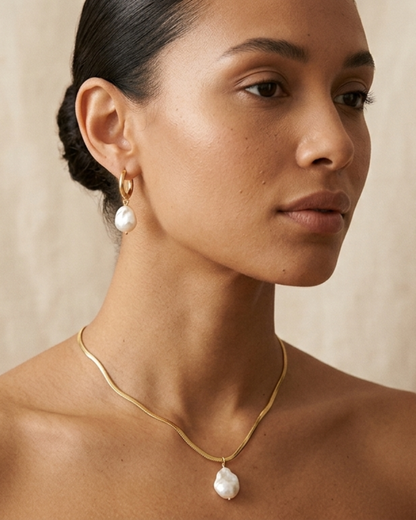 Golden Drop Pearl Necklace & Hoop Set