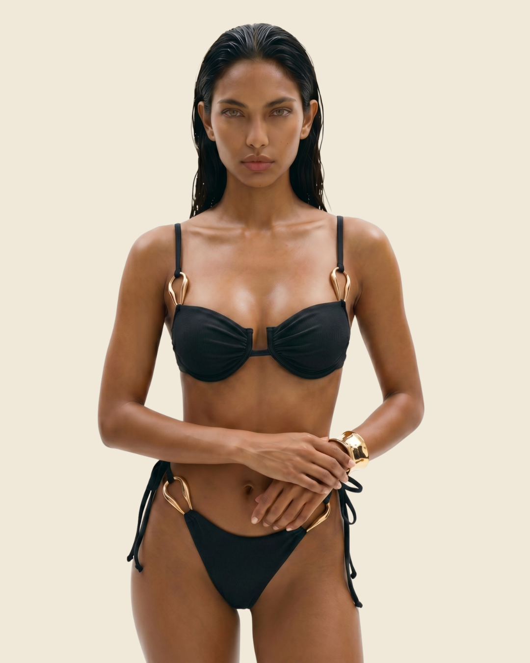Bikini Push-Up Crochets Dorés Liens Noués