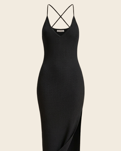 Knitted Slit Asymmetric Strap Dress