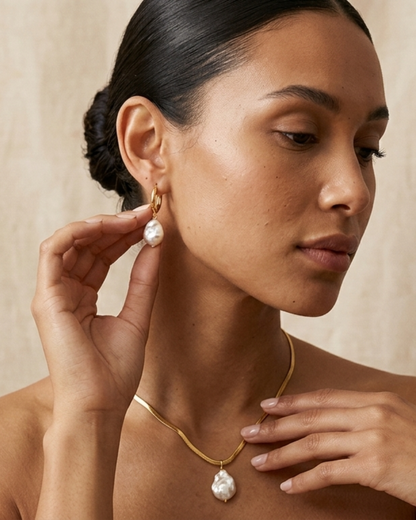 Golden Drop Pearl Necklace & Hoop Set