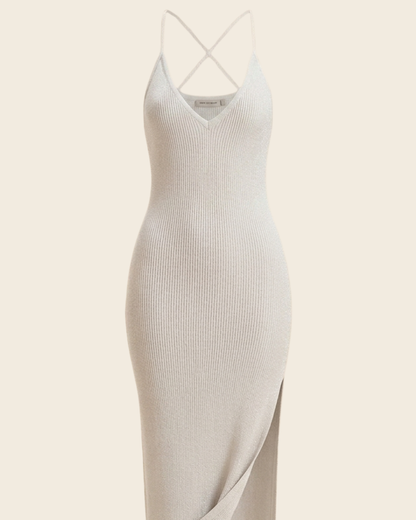Knitted Slit Asymmetric Strap Dress