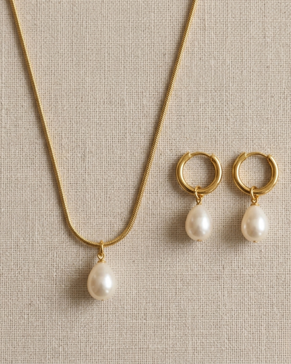 Golden Drop Pearl Necklace & Hoop Set