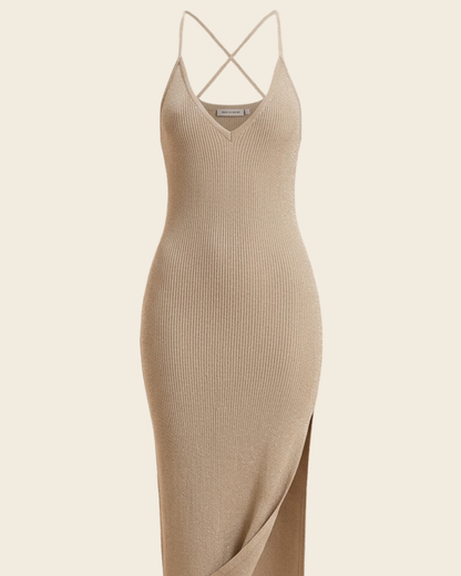 Knitted Slit Asymmetric Strap Dress