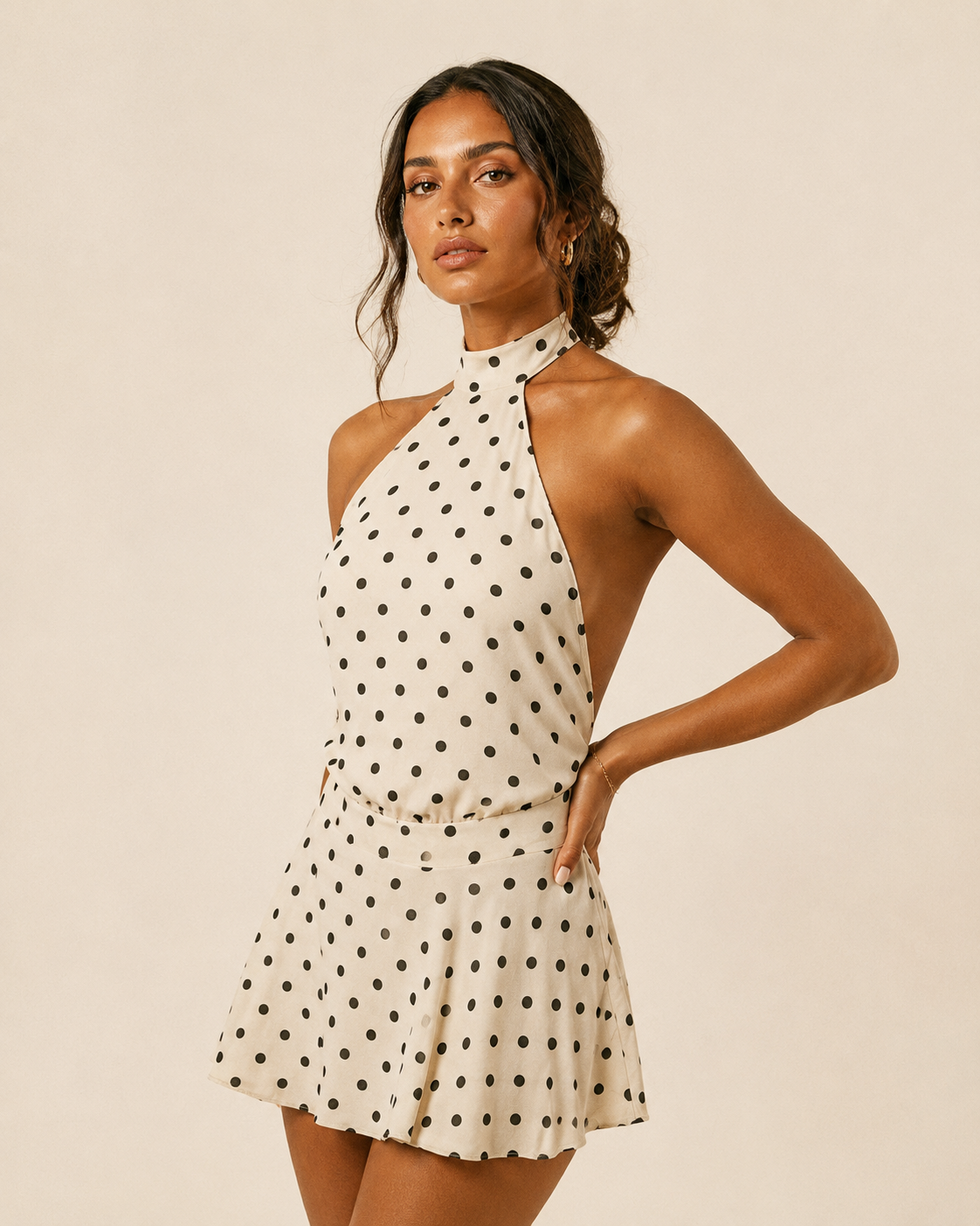 Polka Dot Halter Neck Backless Mini Dress