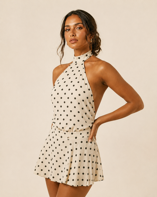 Polka Dot Halter Neck Backless Mini Dress