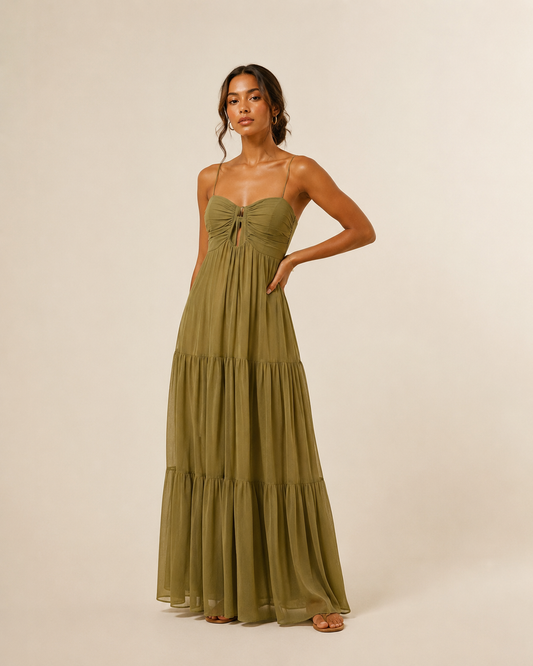 Gold Ruched Strapless Maxi Dress