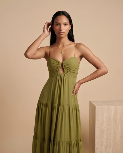 Gold Ruched Strapless Maxi Dress